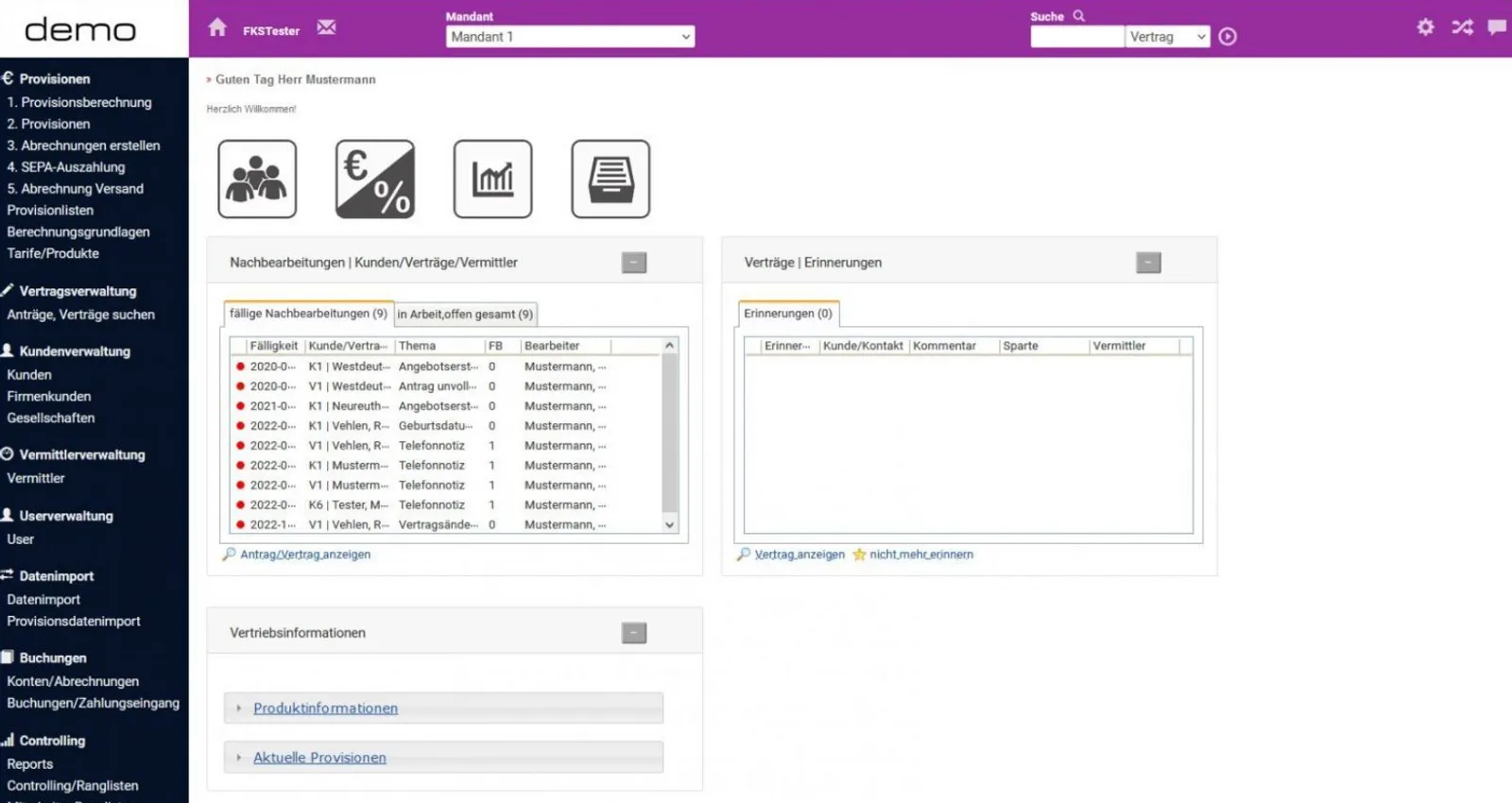 Software mit Provisionsübersicht Dashboard